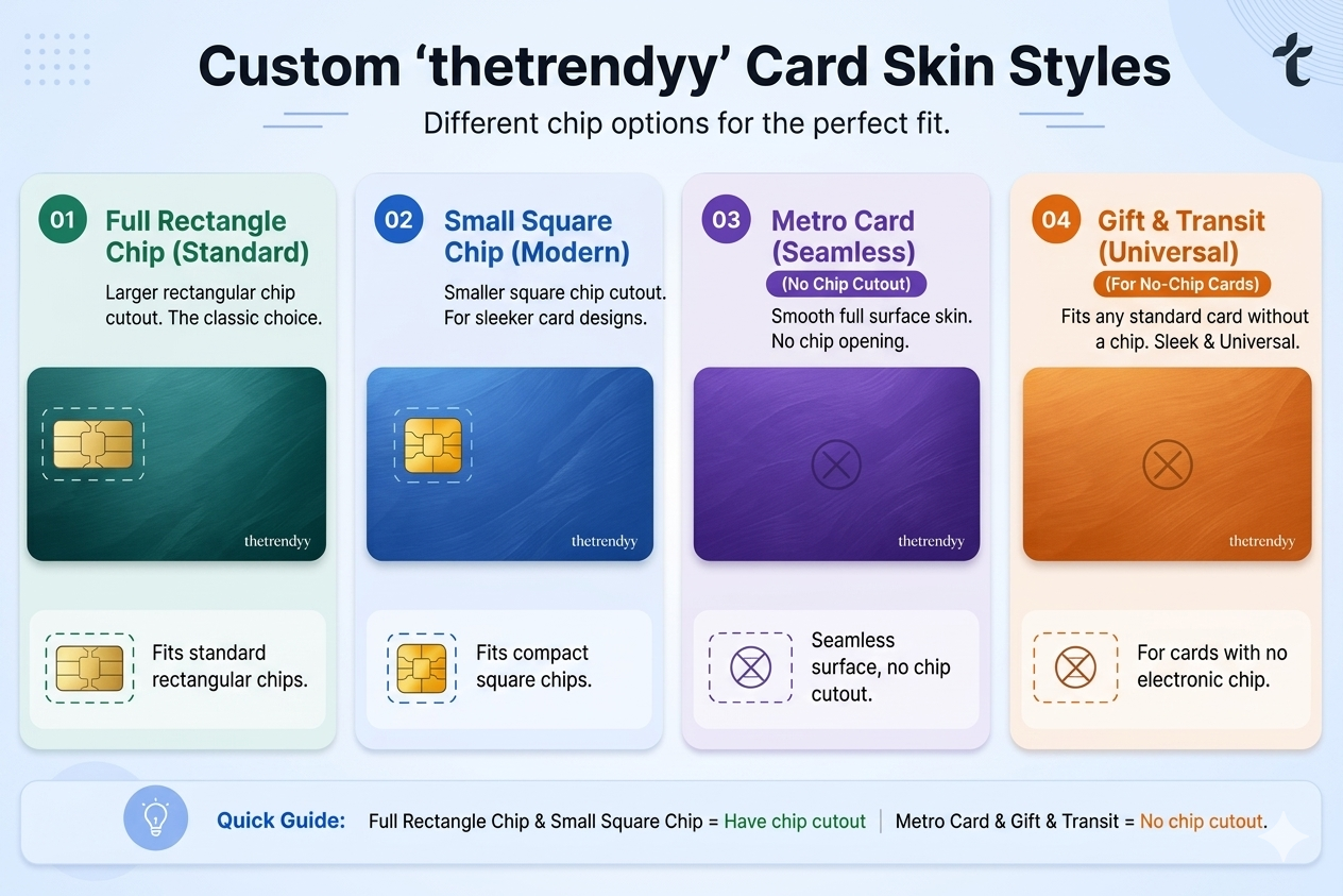 Custom 'thetrendyy' card skin styles with chip options on a white background