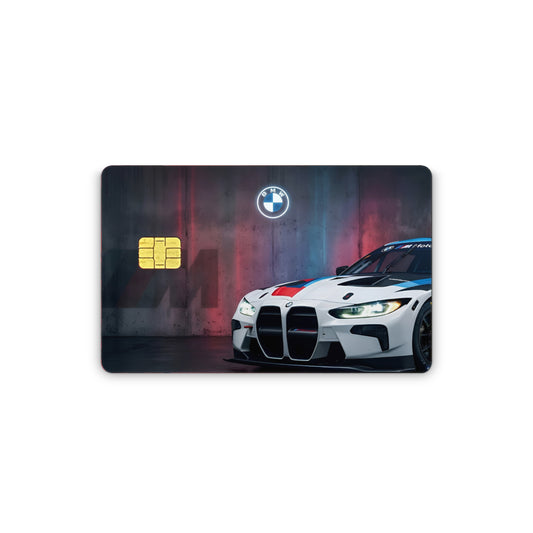Credit card with BMW M logo and racing car design on a dark background