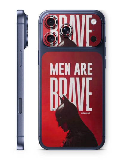 A dark blue phone case shown from the back and side, featuring a red graphic design with the text 'MEN ARE BRAVE' and a Batman silhouette. The brand name 'minimal' is printed near the bottom right of the design.