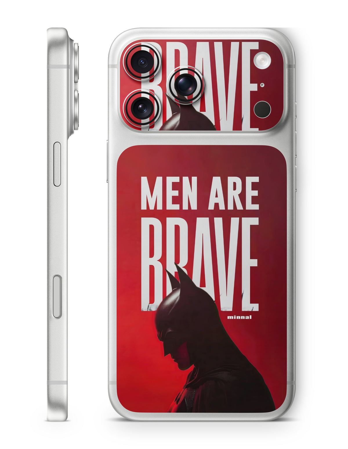 A clear iPhone case shown from the back and side, featuring a red and black Batman-themed graphic with the text 'MEN ARE BRAVE' and 'minimal' printed on it.