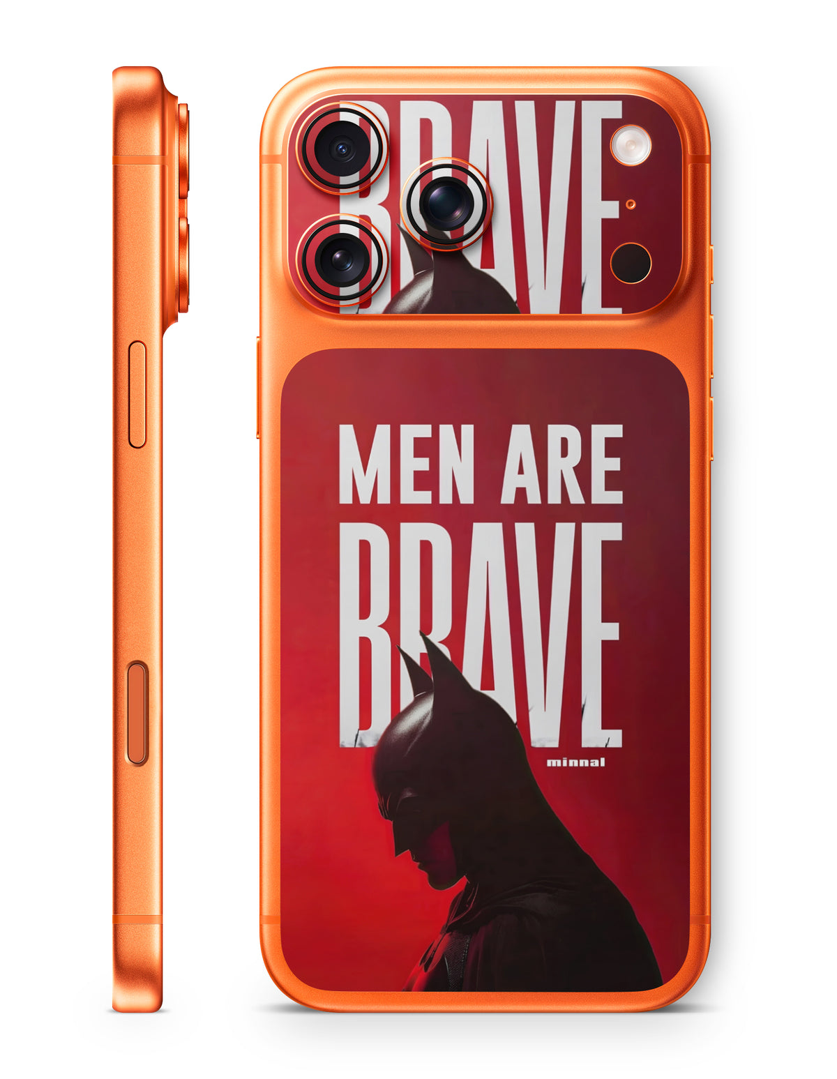 An orange protective phone case shown from the back and side, featuring a Batman graphic with the text 'MEN ARE BRAVE' in white on a red background.