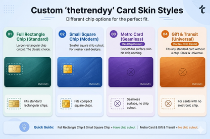 Custom 'thetrendyy' card skin styles with chip options on a white background
