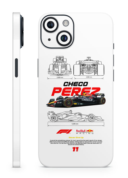 Checo Pérez with the Red Bull F1 mobile skin