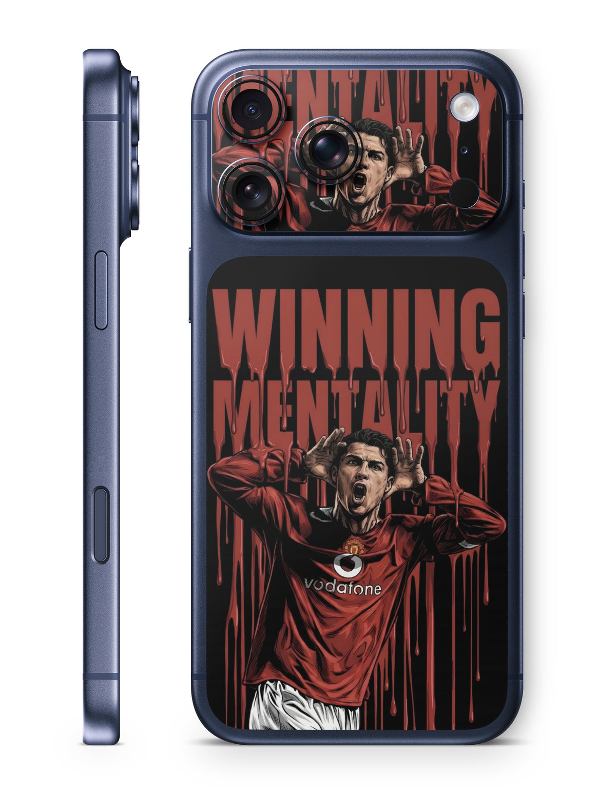 A dark blue protective phone case shown from both the side and back views. The back of the case features a graphic print of a soccer player in a red Manchester United jersey celebrating, with the words 'WINNING MENTALITY' in a dripping red font on a black background.