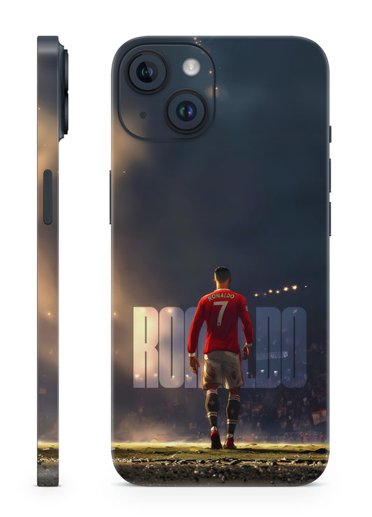 Mobile skin with a soccer player in a red jersey on a field, featuring the name 'Ronaldo' and number '7'.