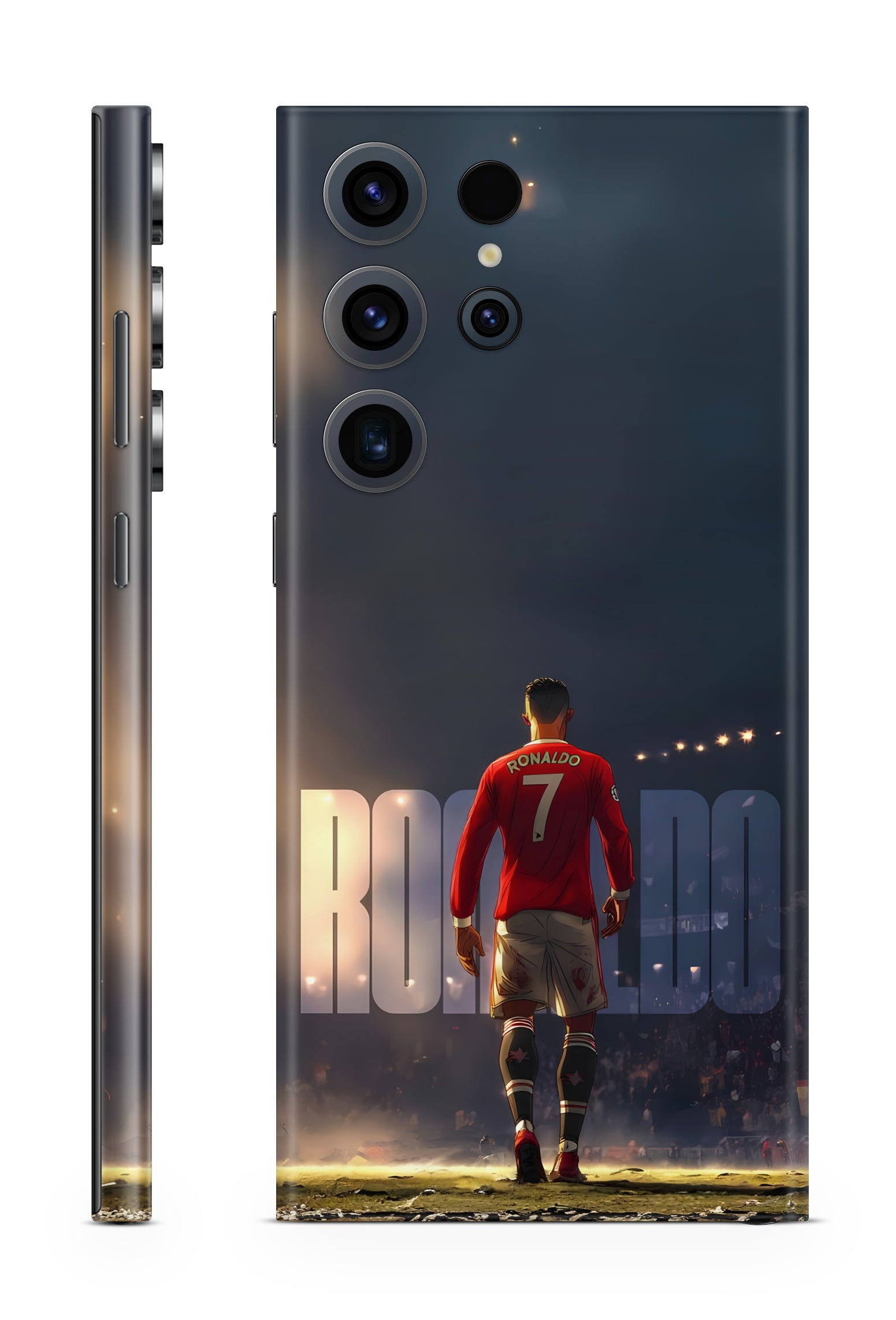 Phone Skin with a soccer player in a red jersey and 'Ronaldo' text on a dark background