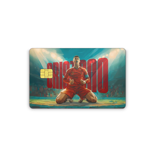 Card with a soccer player in a red uniform on a stadium background, featuring the name 'CR7'.