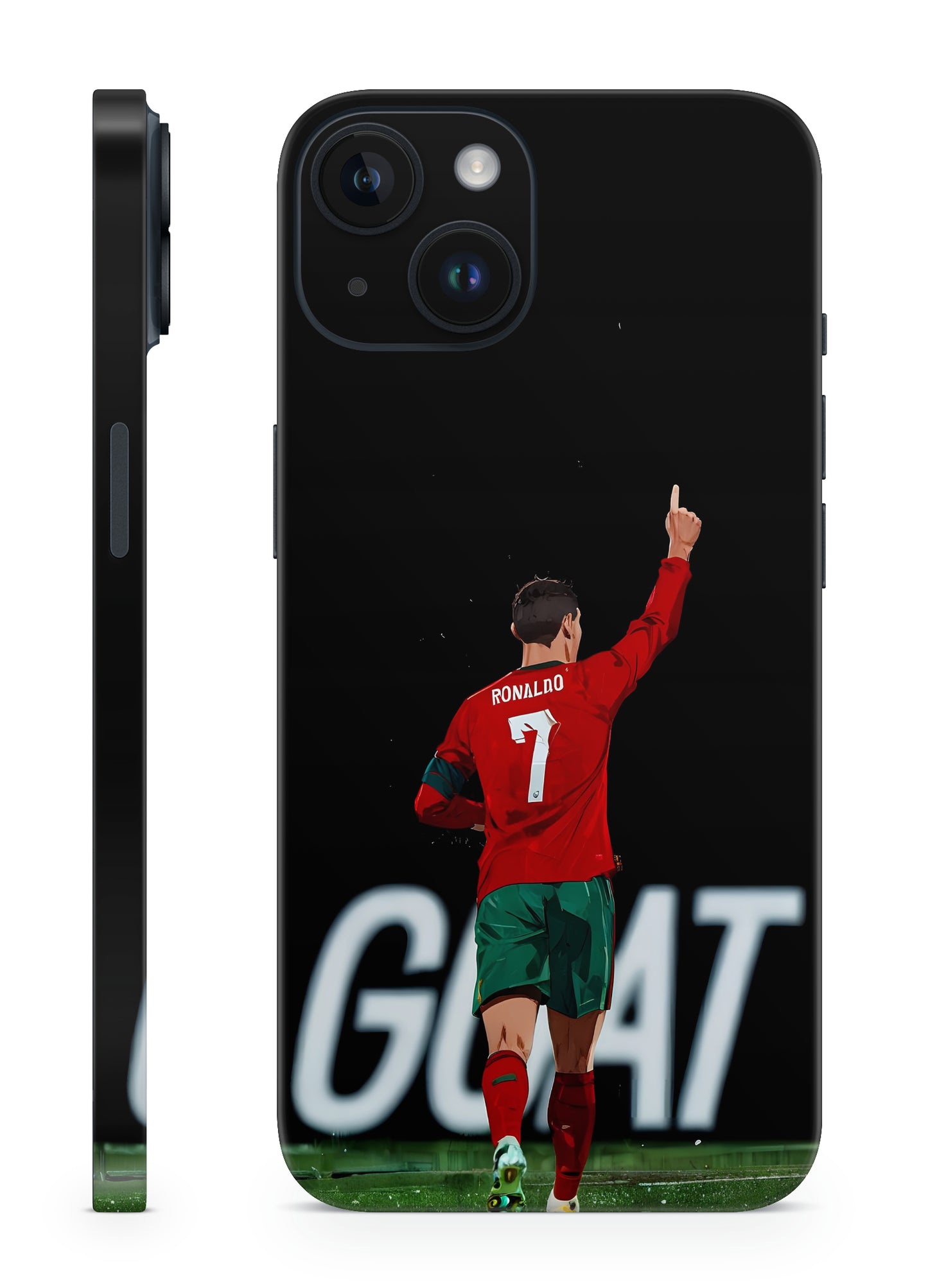 Mpbile skin with a soccer player design and 'GOAT' text on a black background