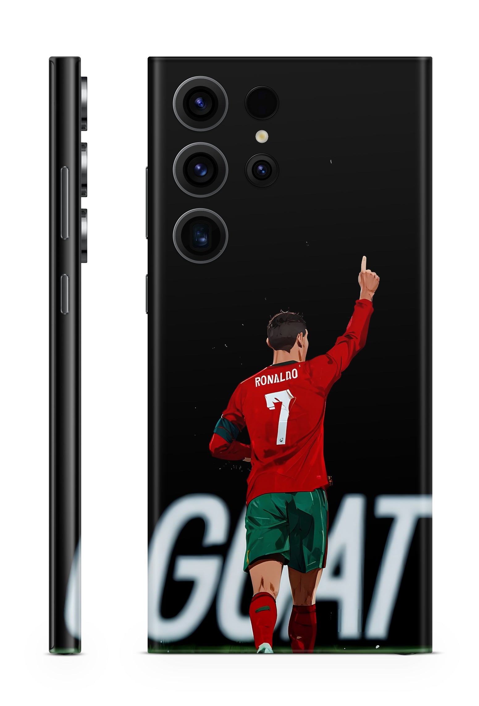 Mpbile skin with a soccer player design and 'GOAT' text on a black background