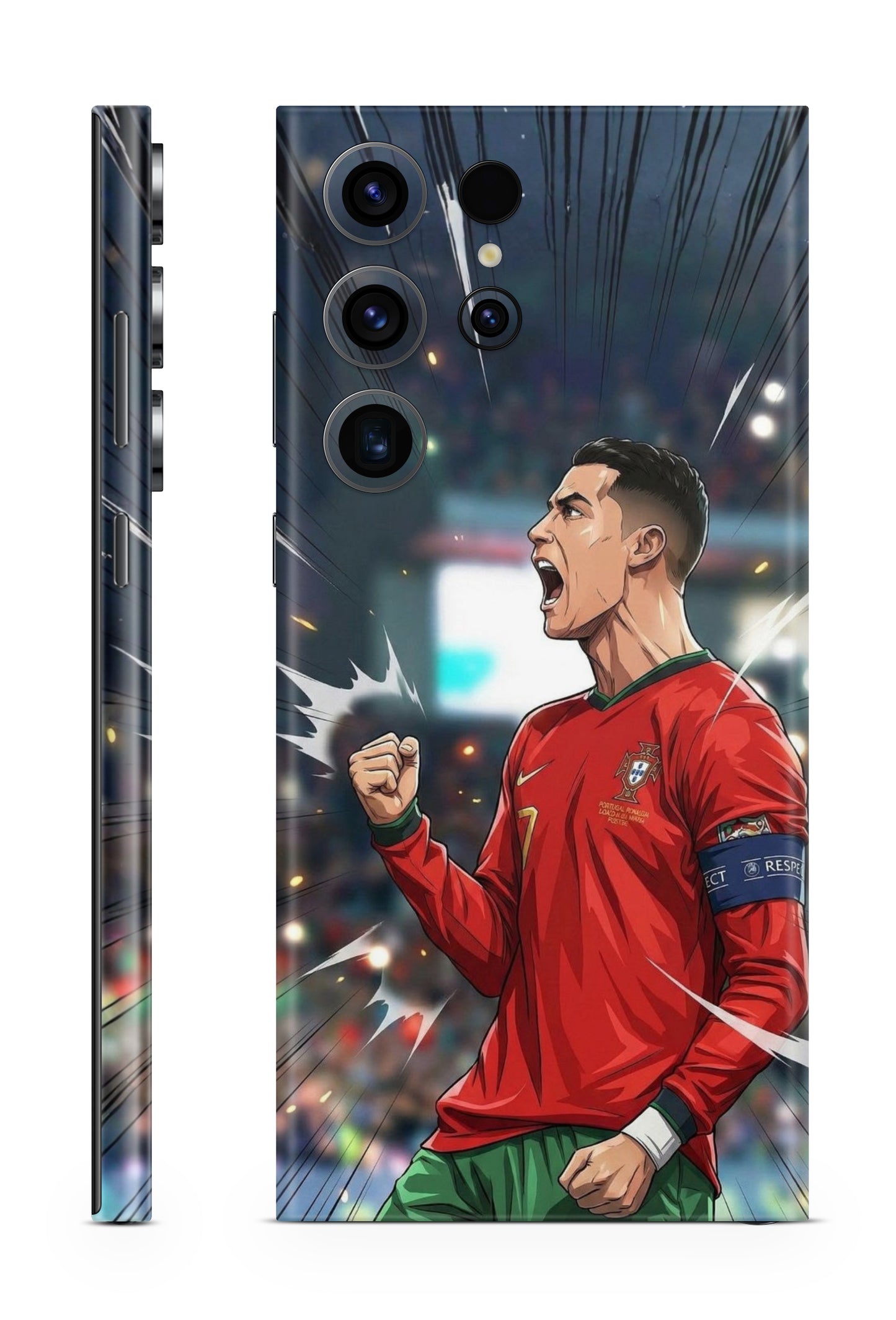 Phone Skin with a soccer player in a red jersey on a stadium background