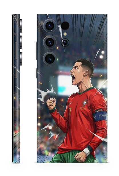 Phone Skin with a soccer player in a red jersey on a stadium background