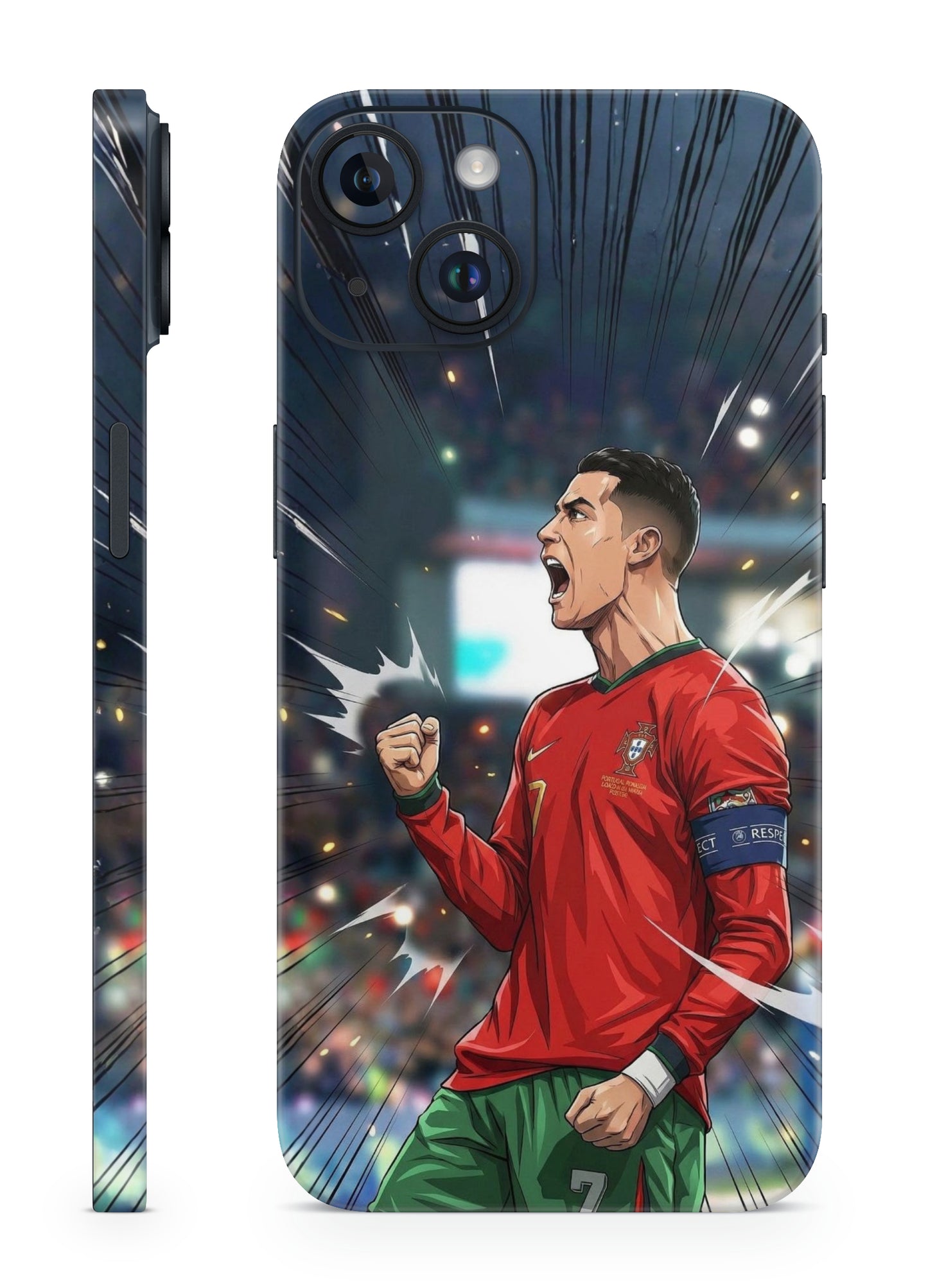 Phone Skin with a soccer player in a red jersey on a dynamic background