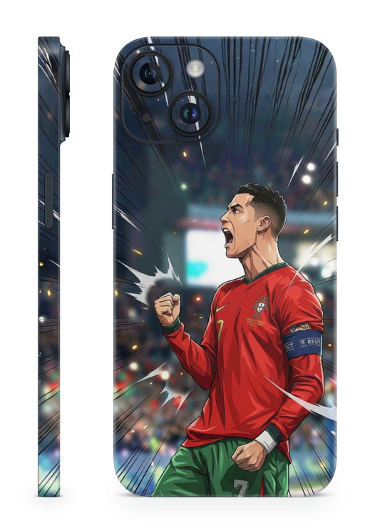 Phone Skin with a soccer player in a red jersey on a dynamic background