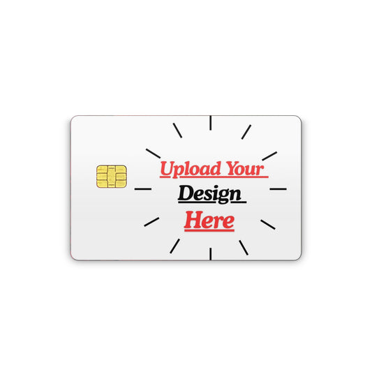 A customizable credit card mockup on a white background, featuring a gold EMV chip icon, placeholder text reading 'Upload Your Design Here' in red and black, and black clock-like hand markings around the perimeter.