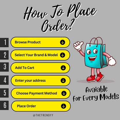 An instructional design showing steps on how to place an order for a Porsche Cayman white mobile skin, with a cartoon character illustrating the process.