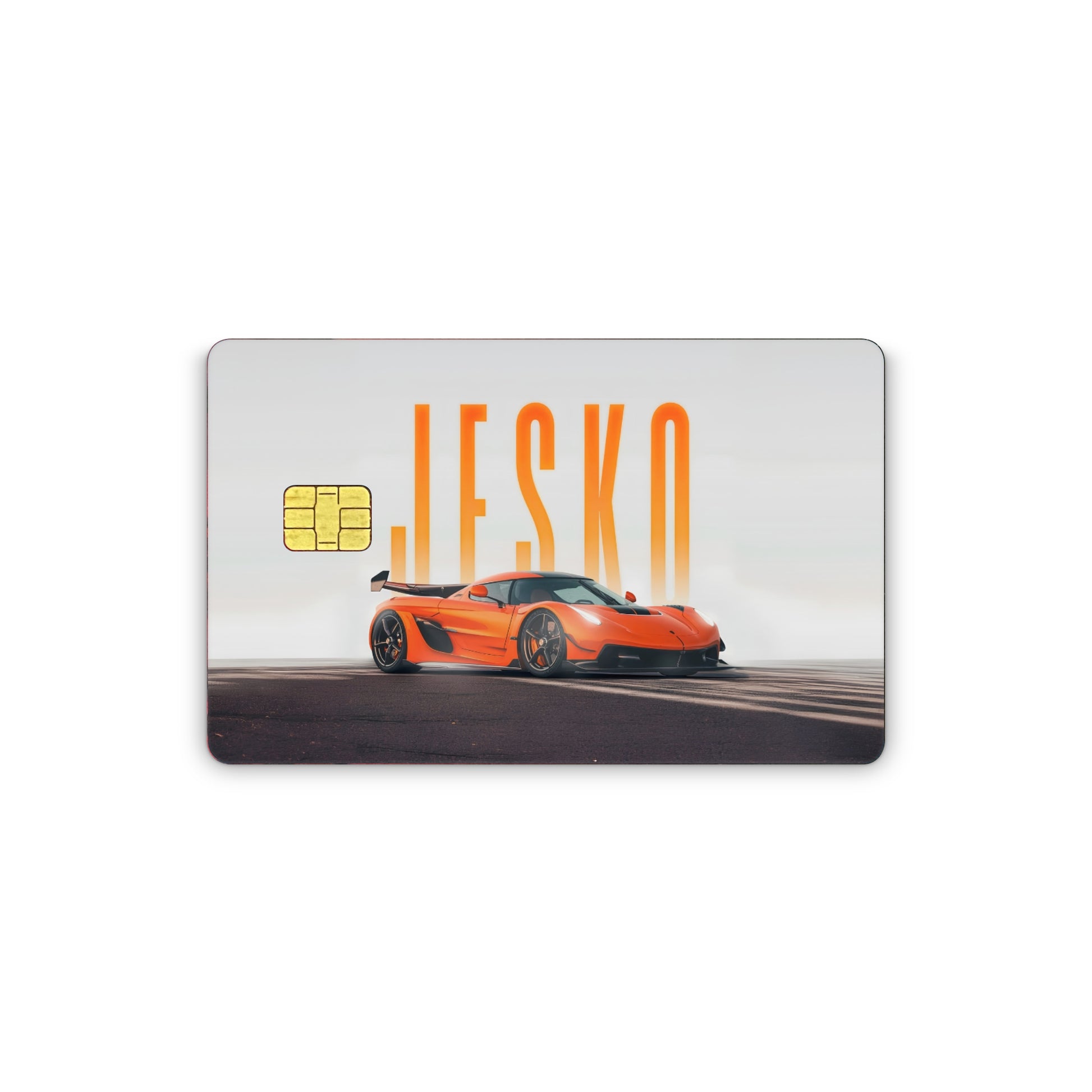 Card with an orange sports car and 'JESKO' branding on a white background