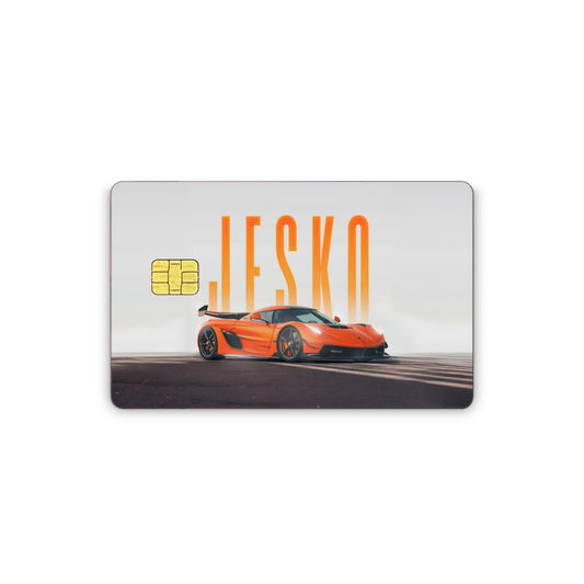 Card with an orange sports car and 'JESKO' branding on a white background