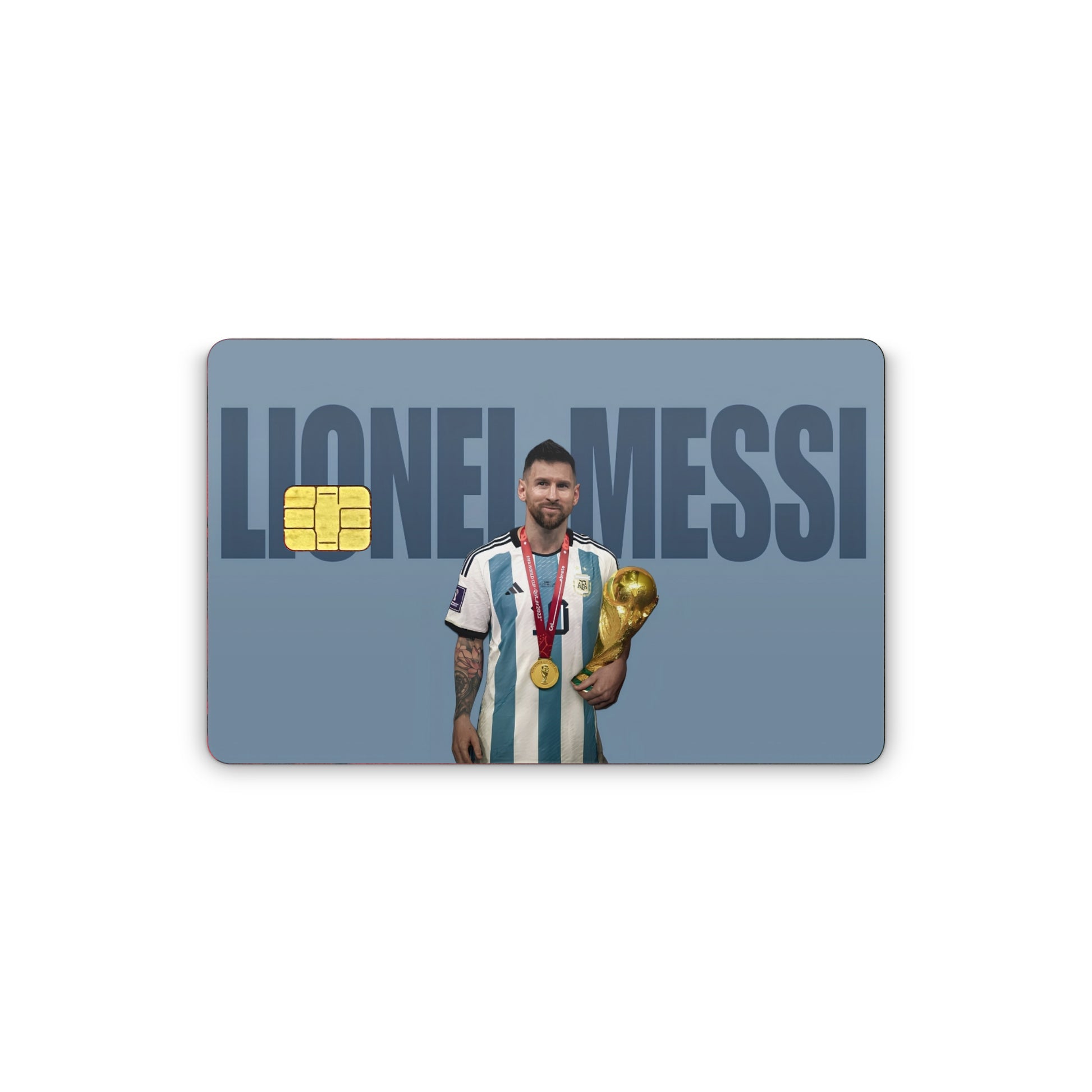 Card with a graphic of a soccer player holding a trophy and medals, with 'Lionel Messi' printed above.