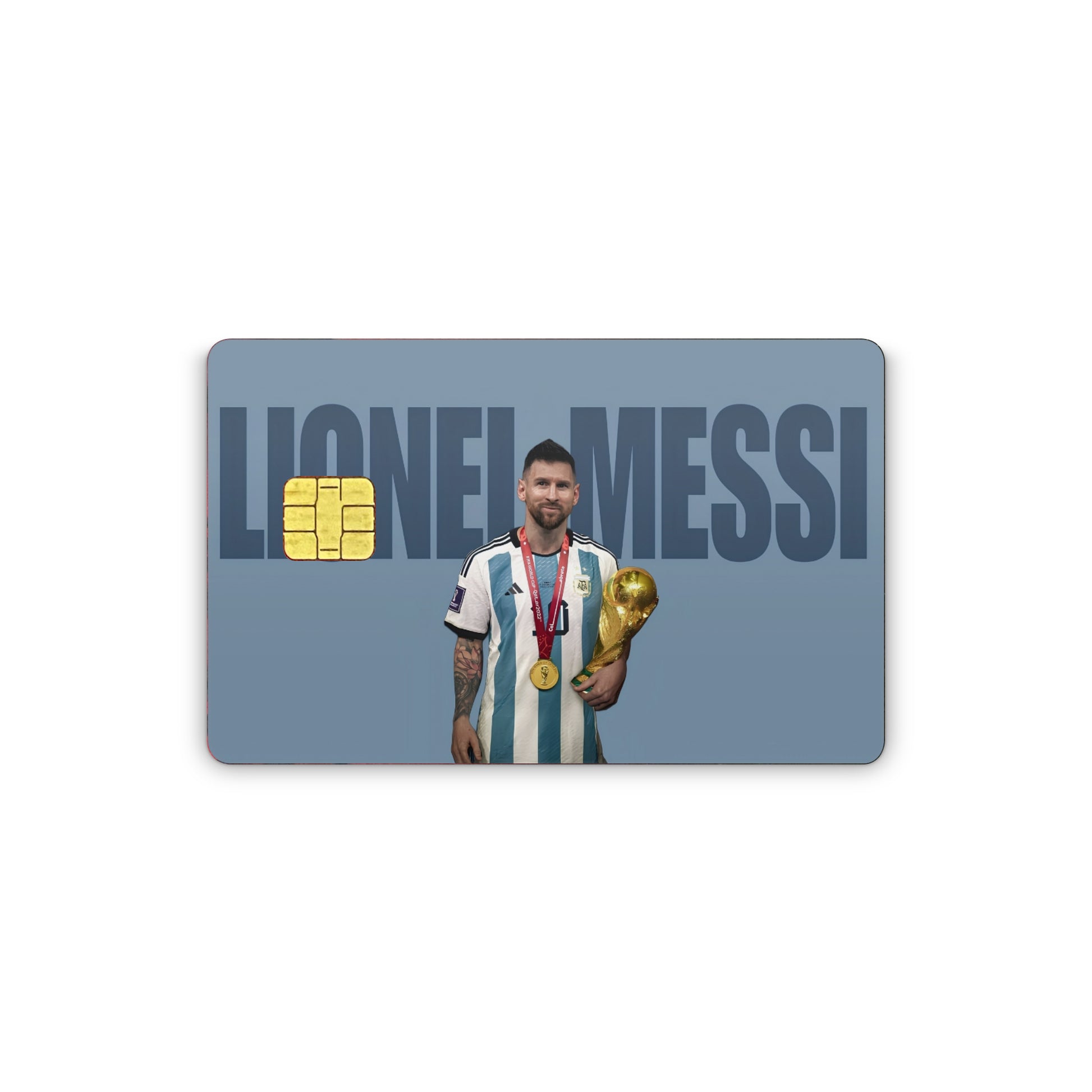 Card with a graphic of a soccer player holding a trophy and medals, with 'Lionel Messi' printed above.