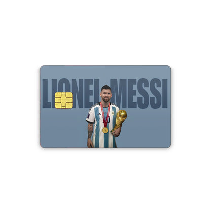 Card with a graphic of a soccer player holding a trophy and medals, with 'Lionel Messi' printed above.