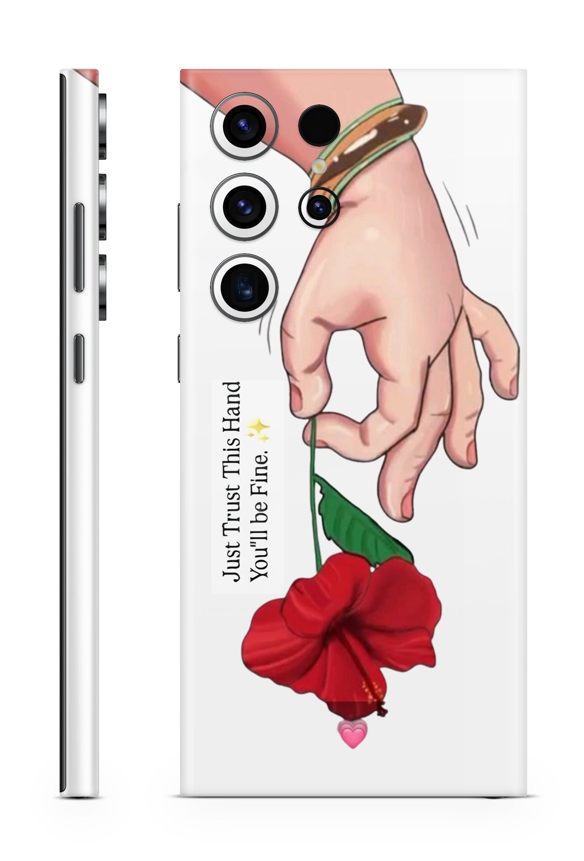 Phone skin with artistic depiction of a hand holding a red flower and text 'Just Trust This Hand You'll Be Fine' on a white background.