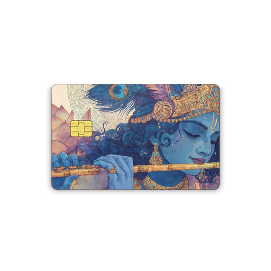Card with a blue-skinned figure playing a flute on a white background