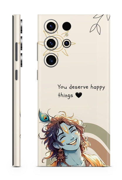 Phone Skin with an illustration of a smiling character and text 'You deserve happy things' on a beige background.