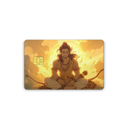 Card with an illustration of a seated figure holding a bow against a warm, sunset-like background.
