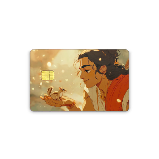 Card with an illustration of a person holding a small animal, set against a warm, glowing background.