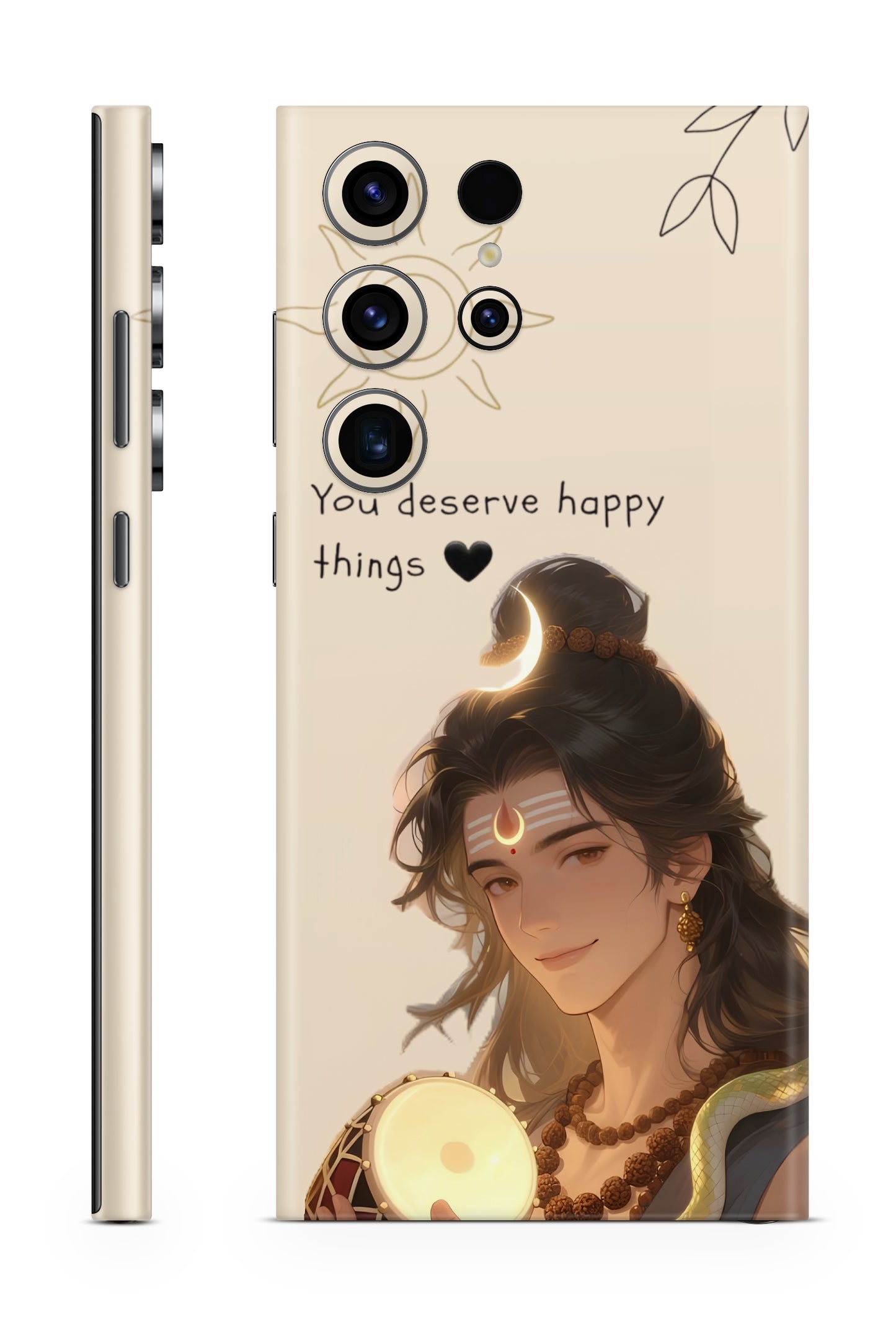 Phone skin with an illustration of a person and text 'You deserve happy things' on a beige background