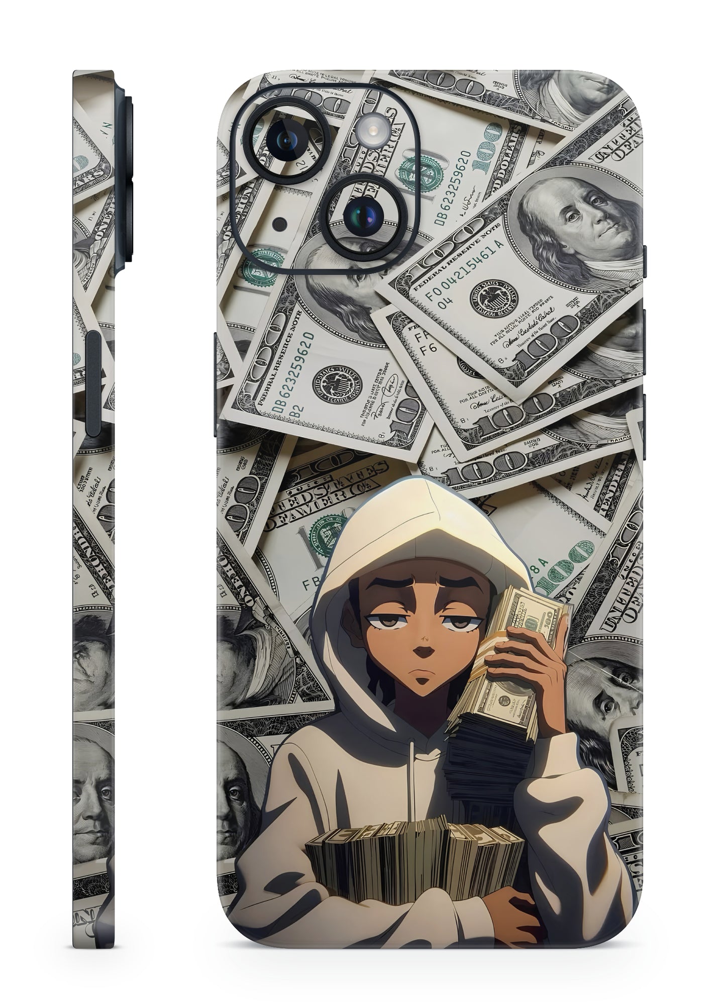Phone skin with a design of a person holding money amidst dollar bills