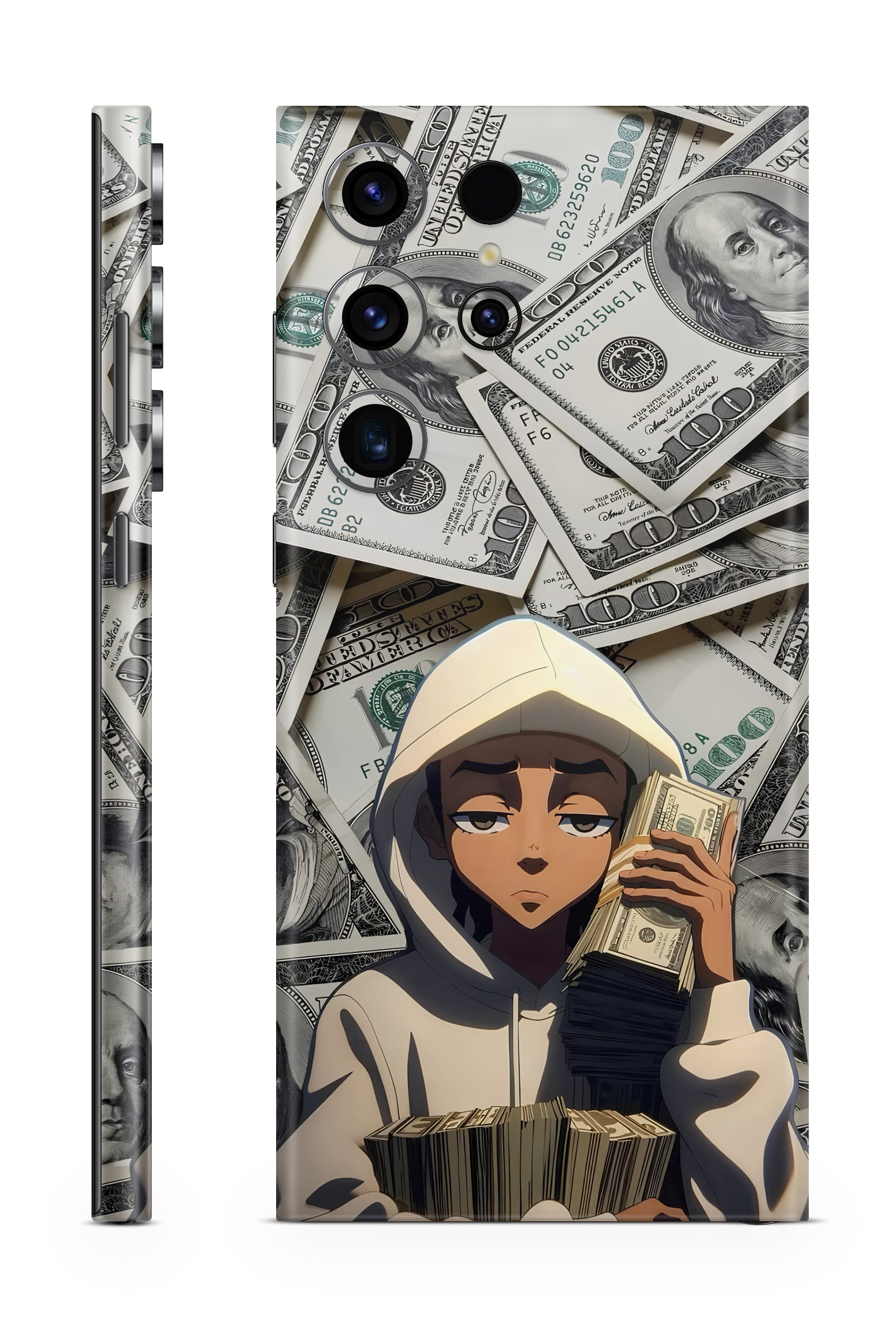Phone skin with a stylized illustration of a person holding money against a background of dollar bills.