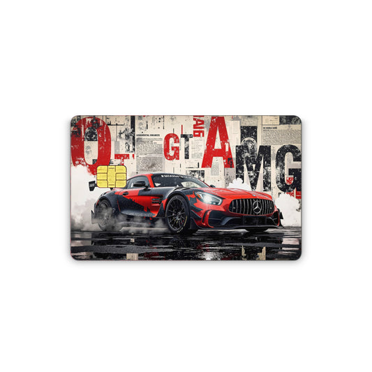 Card skin with a red sports car design on a collage background