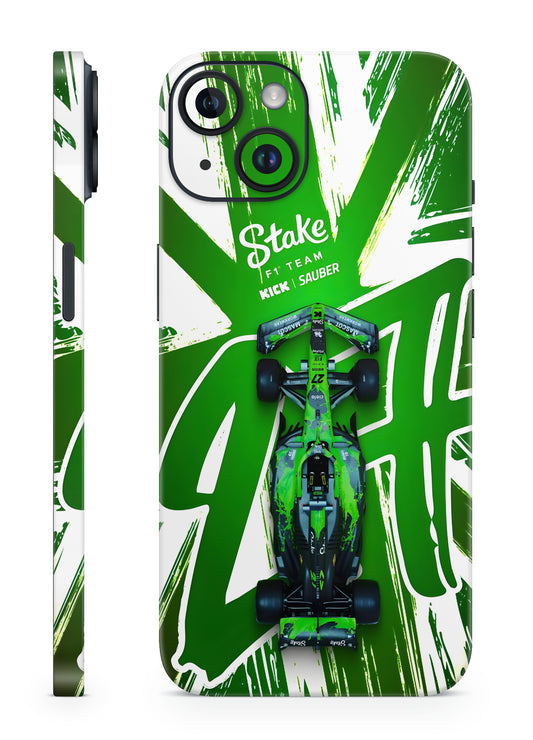 Phone skin with green and white design featuring a Formula 1 car and 'Stake' branding.
