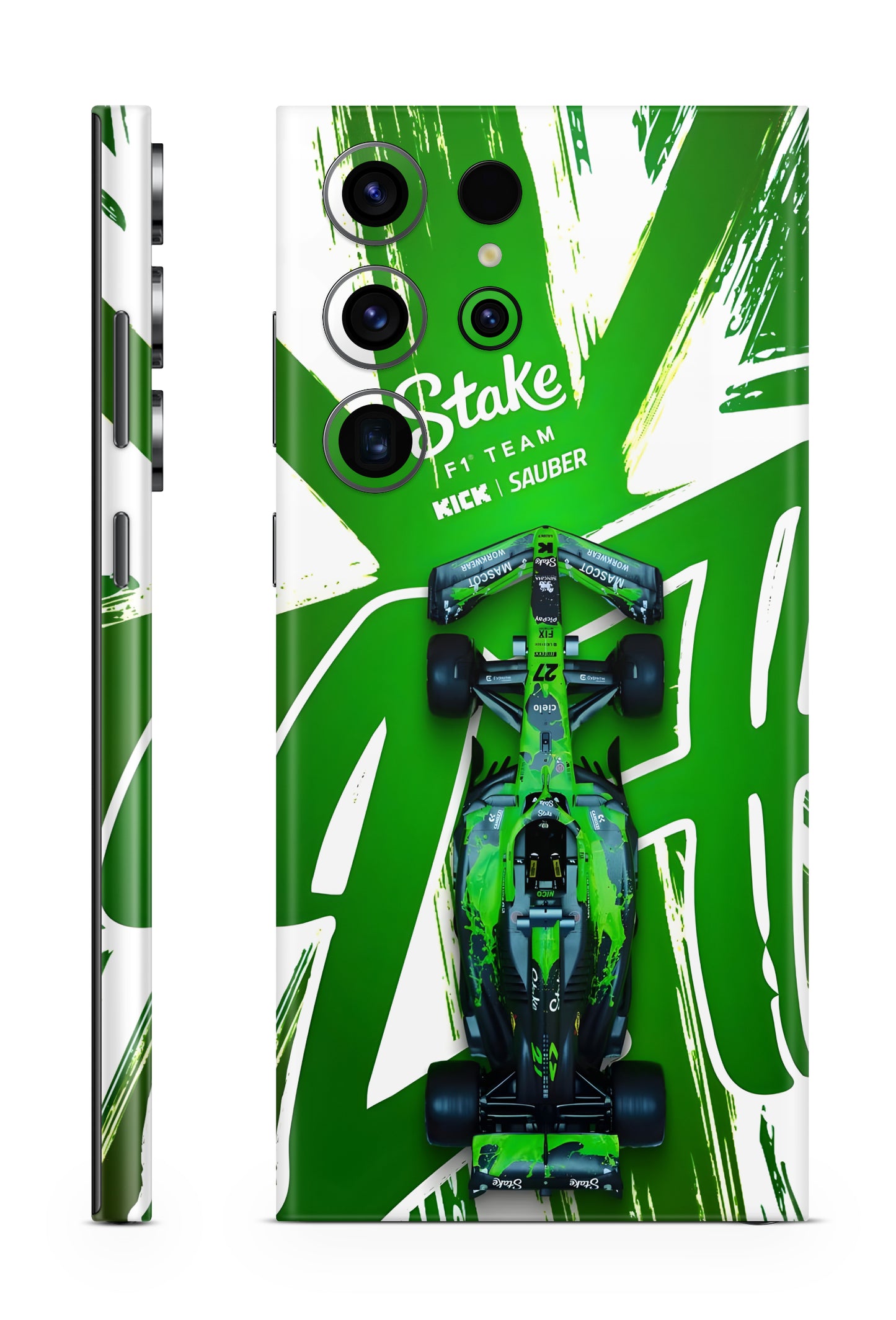 Phone skin with Formula 1 car design and Stake F1 Team branding on a green and white background