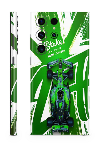 Phone skin with Formula 1 car design and Stake F1 Team branding on a green and white background