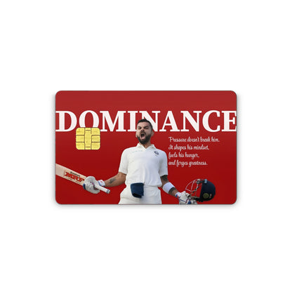 Card with a sports player holding a bat and helmet, featuring the word 'DOMINANCE' on a red background.