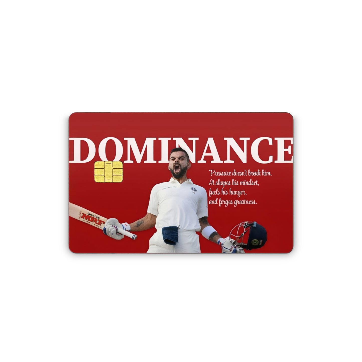 Card with a sports player holding a bat and helmet, featuring the word 'DOMINANCE' on a red background.