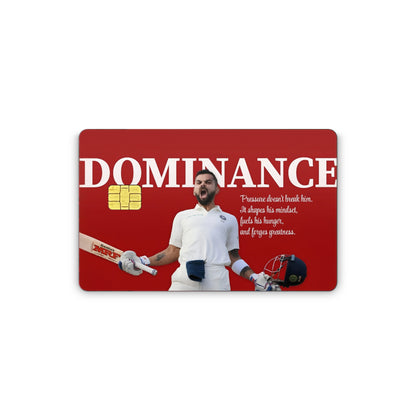 Card with a sports player holding a bat and helmet, featuring the word 'DOMINANCE' on a red background.