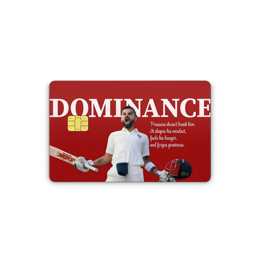 Card with a sports player holding a bat and helmet, featuring the word 'DOMINANCE' on a red background.