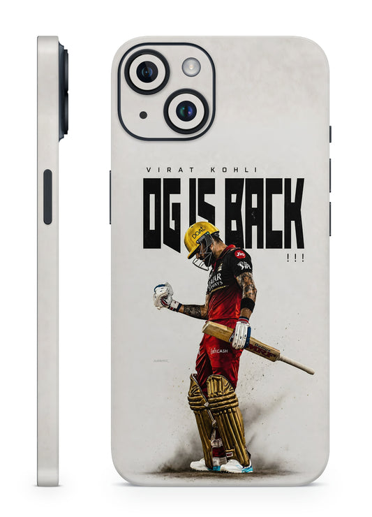 Phone skin with a cricket player design and text 'OG is back' on a white background