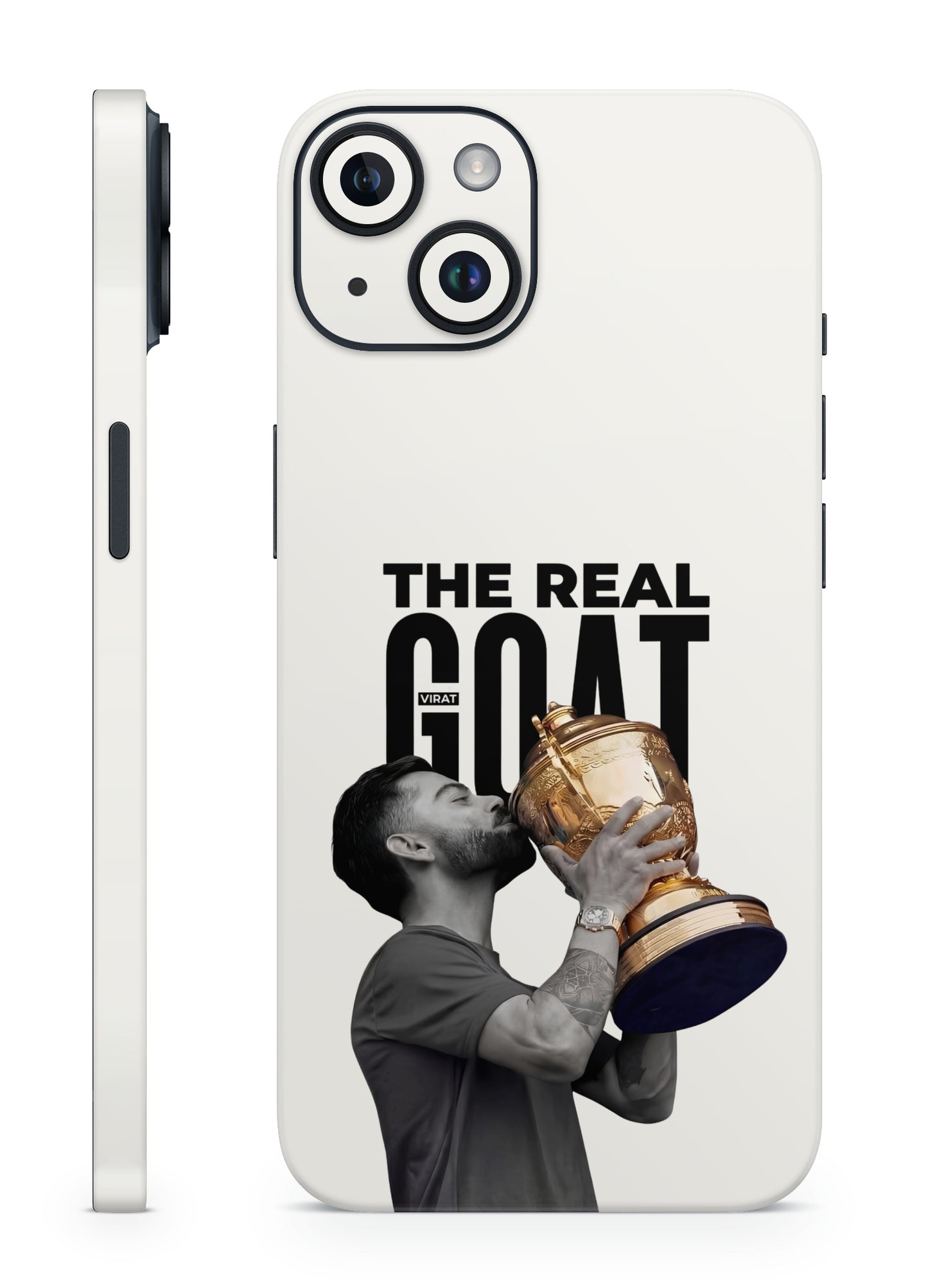 Phone skin with a Virat Kohli holding a trophy and 'The Real GOAT' text on a white background