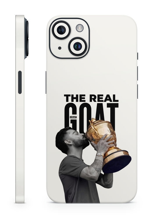 Phone skin with a Virat Kohli holding a trophy and 'The Real GOAT' text on a white background