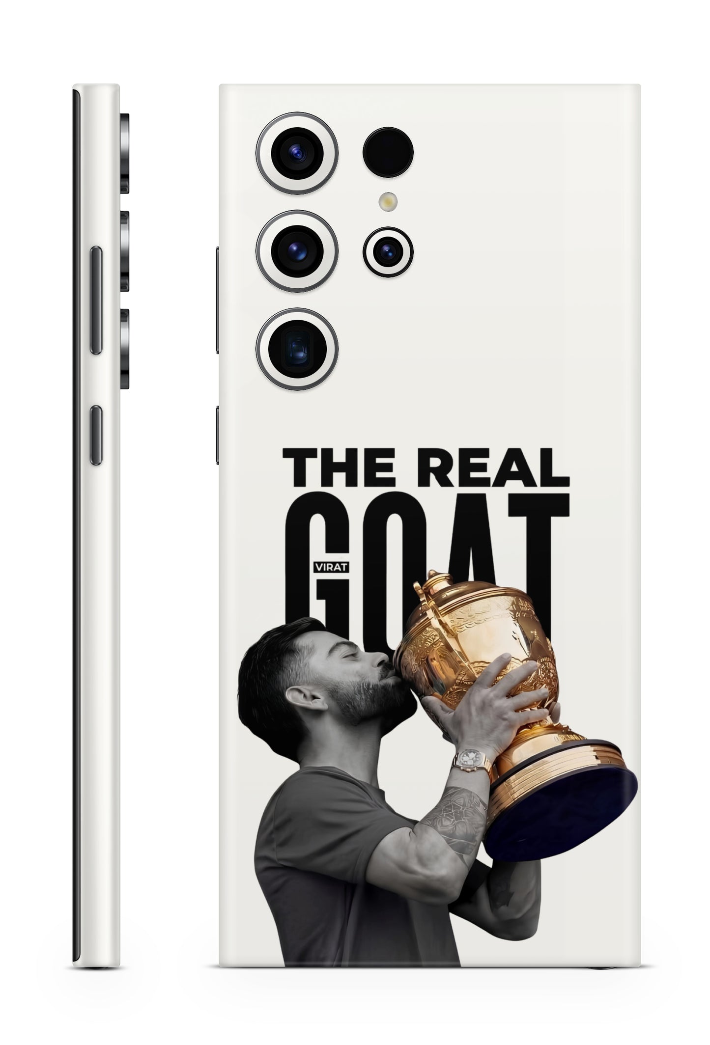Phone skin with a design ofVirat Kohli holding a trophy and 'The Real GOAT' text on a white background.