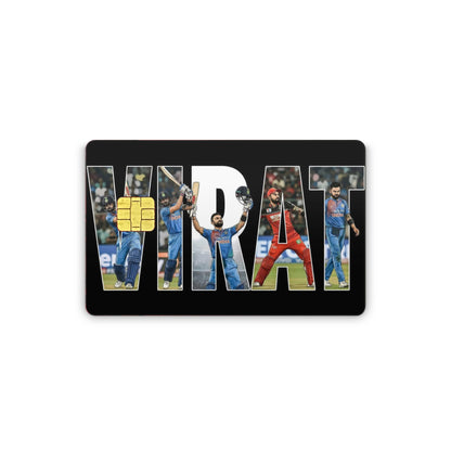 Card with 'VIRAT' text and images of a cricket player on a white background