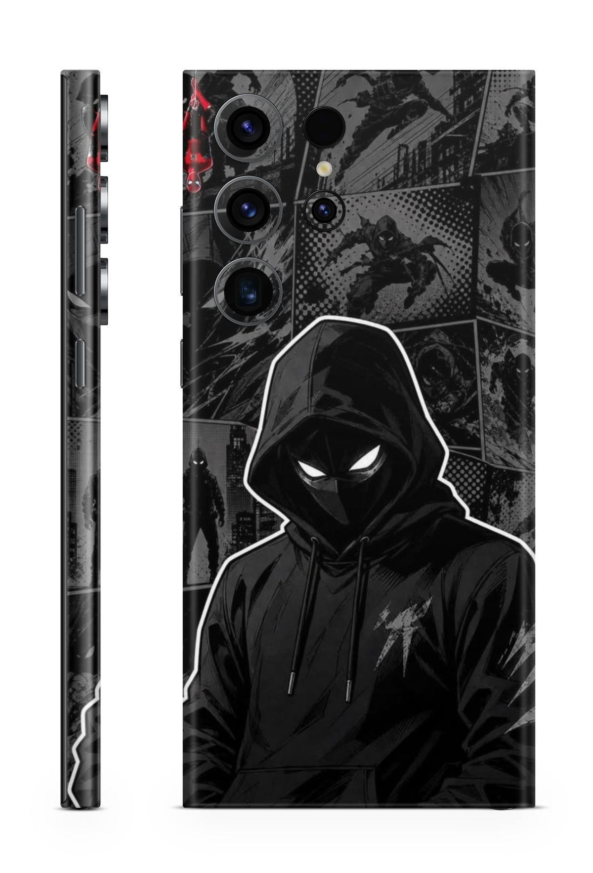 Hooded ninja warrior with monochrome manga comic panel phone skin design