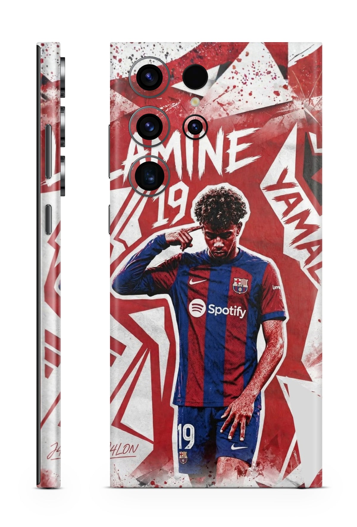 Lamine Yamal football portrait with red and white graffiti artwork on a phone skin