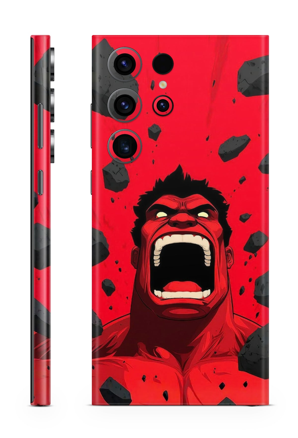 Angry Red Hulk smash artwork with dramatic comic effects on a phone skin
