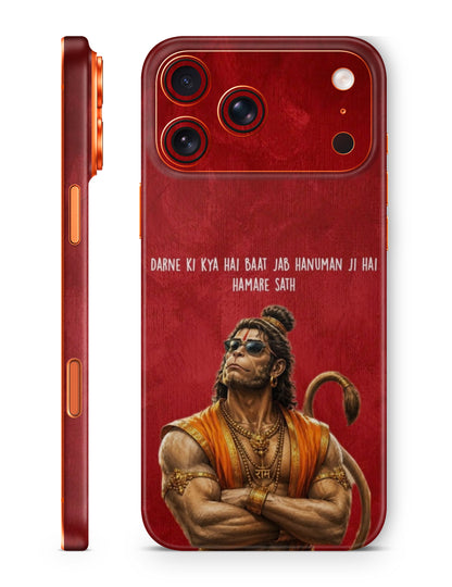 Modern Lord Hanuman devotional artwork on crimson-red mobile skin by The Trendyy
