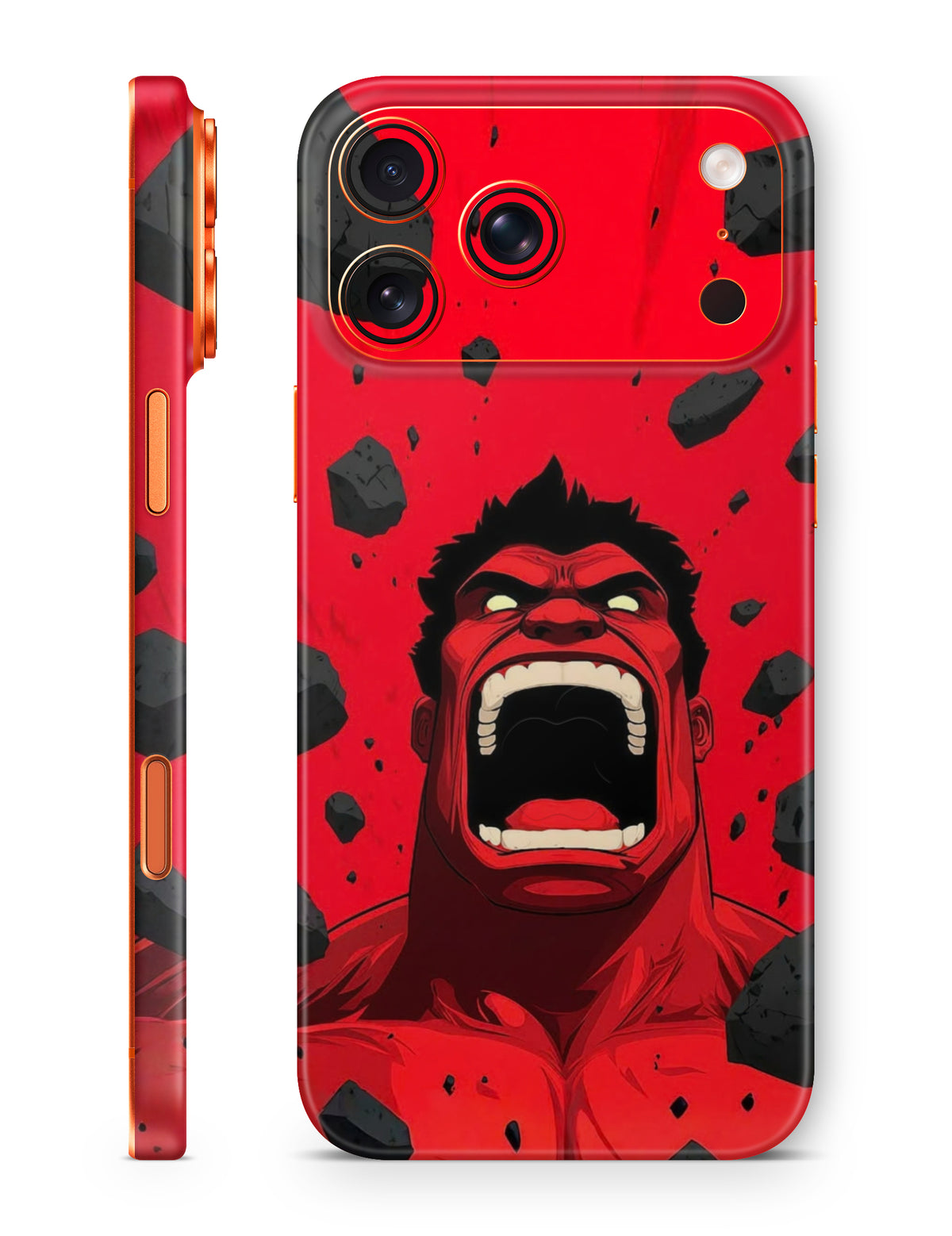 Red Hulk comic artwork surrounded by crimson debris on a mobile skin by The Trendyy